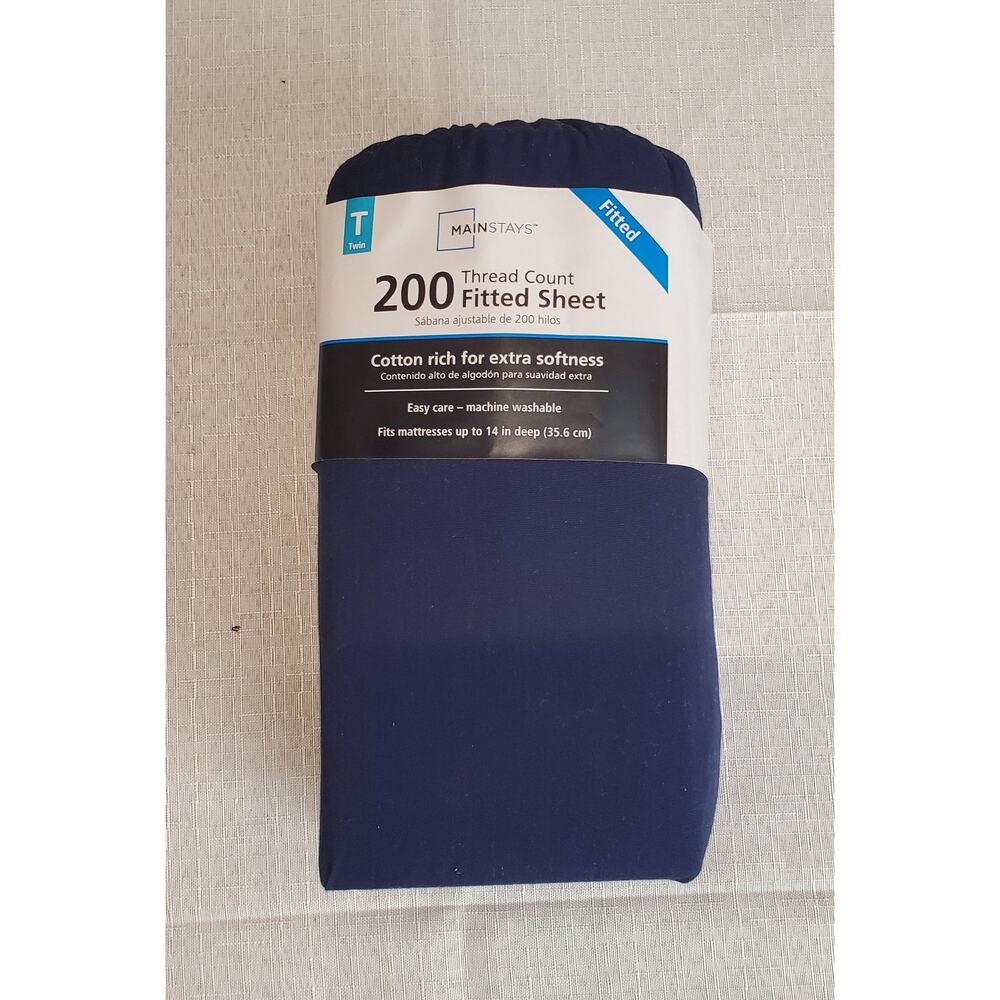 Mainstays Twin Size Fitted Sheet 200 Thread Count Cotton Rich Navy Blue Bedding